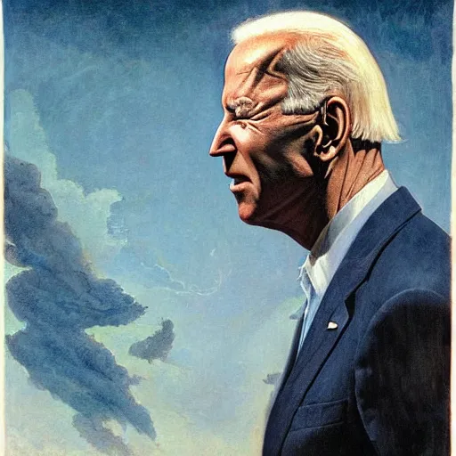 Image similar to terrifying, surreal portrait of joe biden standing up to his shoulders in turbulent, shadowy water by j. c. leyendecker, bosch, william blake, stephen gammell, jon mcnaughton, and beksinski