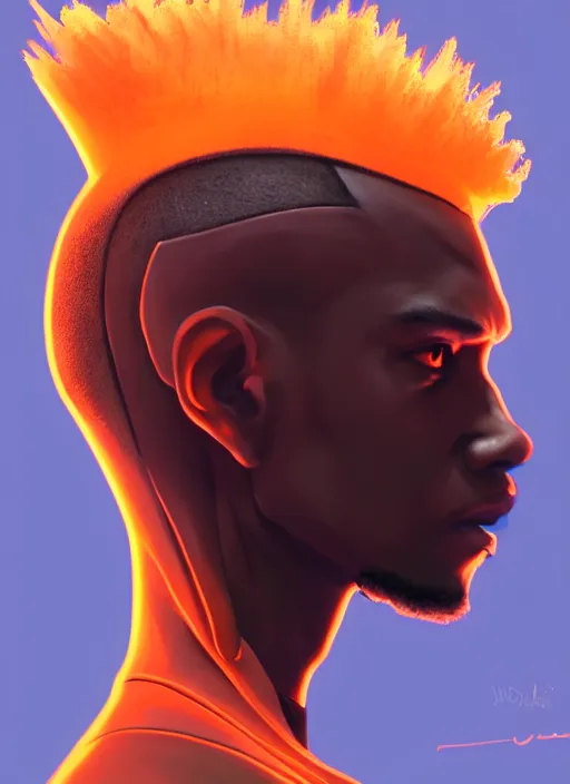 Image similar to full body side profile of a young black man with a mohawk wearing futuristic techwear, highly detailed clothing, angular jawline, digital painting, artstation, concept art, smooth, sharp focus, glowing orange light, digital illustration, art by wlop, uang guangjian and gil elvgren and sachin teng and greg rutkowski