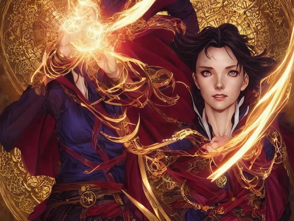 Prompt: anime key visual of one beautiful female doctor strange, marvel comics, spells, magic, intricate, inside magical temple stunning, highly detailed, digital painting, artstation, smooth, hard focus, illustration, art by artgerm and greg rutkowski and alphonse mucha