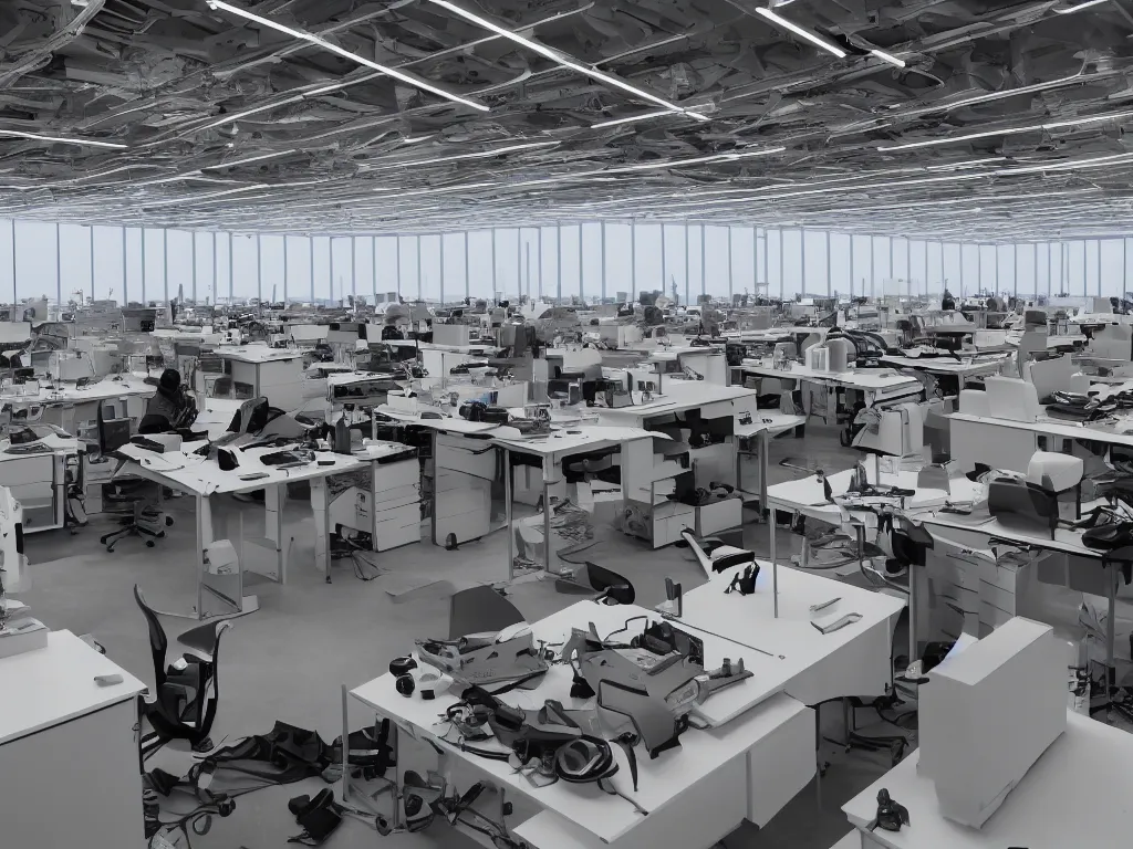 Prompt: candid photo rows upon rows of workshop desks perfectly knolled, stretching off to the horizon, sunrise cozy futuristic zero - g open - air design studio by jony ive, scale model floating in midair in front of me, brilliant daylight vr os ux, leica 8 k still from an a 2 4 film