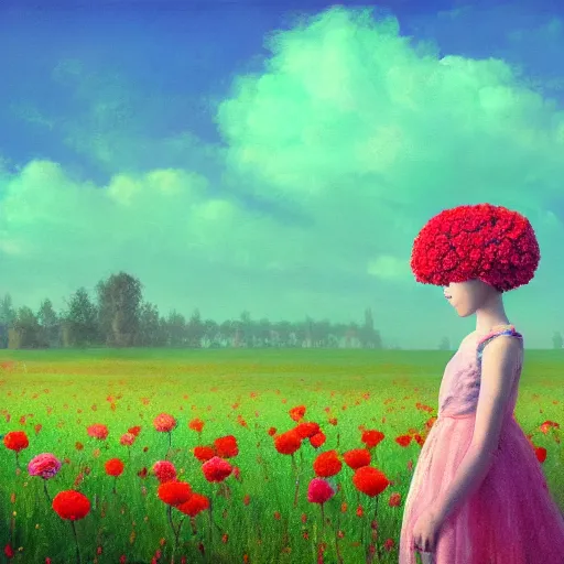 Prompt: head made of carnations flower, girl standing in a flower field, surreal photography, sunrise dramatic light, impressionist painting, colorful clouds, digital painting, artstation, simon stalenhag, flower face