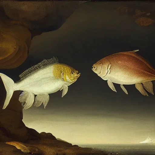 Image similar to two fishes talking to eachother in deep sea, art by pieter claesz