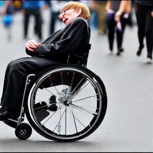 Prompt: stephen hawking street racing in his wheelchair