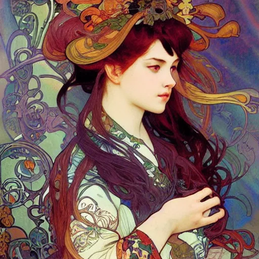 Image similar to portrait of a calico cat, masterpiece, sakimichan, Ross Tran, Alphonse Mucha