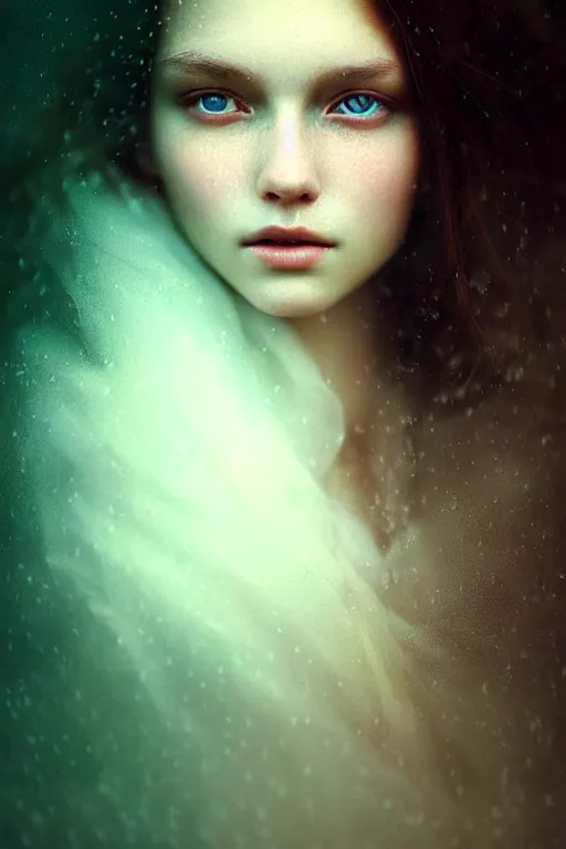 Image similar to beautiful photograph by alexey gurylev, portrait in the center of the face, wonderful eyes, cottage care, self - confident, fog, rain, volumetric lighting, soft light particles floating next to her, illustration, perfectly shaded, often drawn, works by krenz kushart, wenjun lin, alphonse mucha