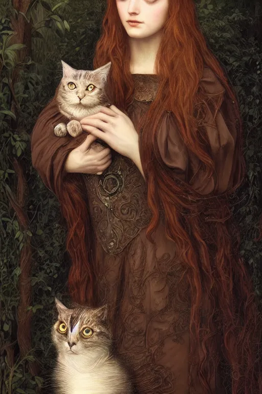 Prompt: A extremely beautiful pre-raphaelite portrait of a cute witch and her cat, surreal, ultradetailed, intricate, elegant, lithe, detailed, digital painting, artstation, concept art, smooth, sharp focus, illustration, ethereal, regal, award winning picture, extremely detailed masterpiece