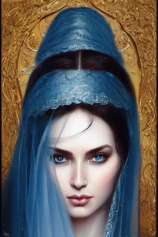 Prompt: Ameera al-Taweel, bright blue eyes, long wavy black hair, white veil, closeup, focus face, elegant, highly detailed, centered, oil painting, artstation, concept art by tom bagshaw