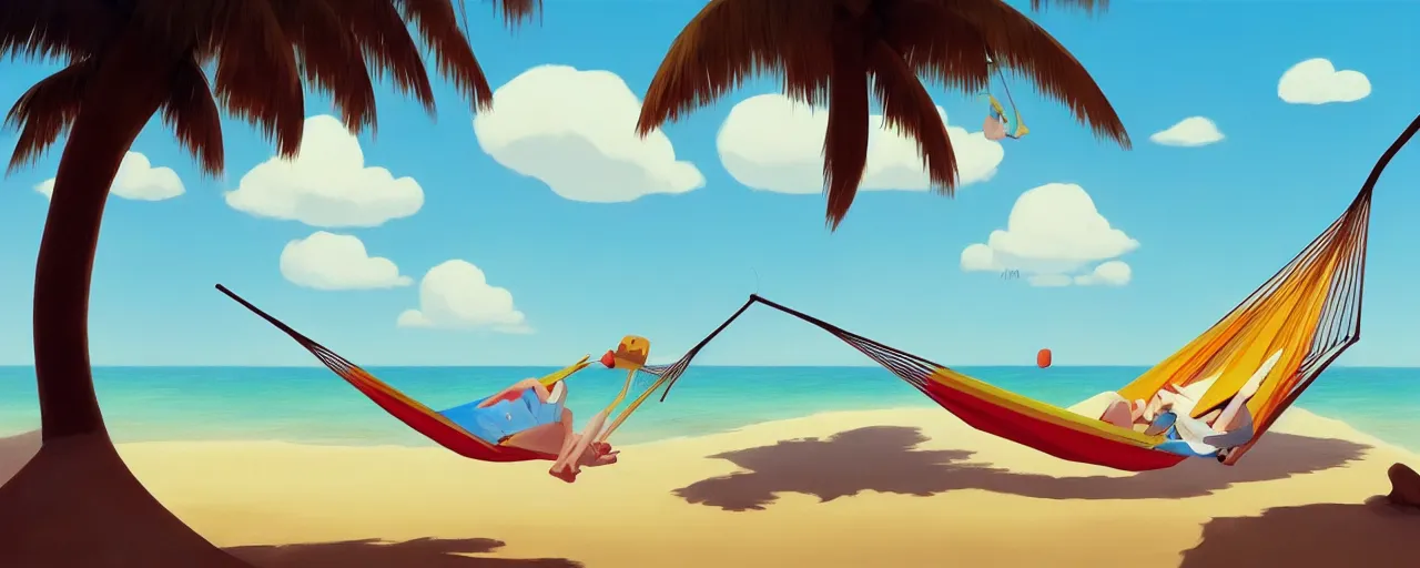 Prompt: goro fujita ilustration of a summer beach with palm tree and clouds and a hammock, painting by goro fujita, sharp focus, highly detailed, artstation