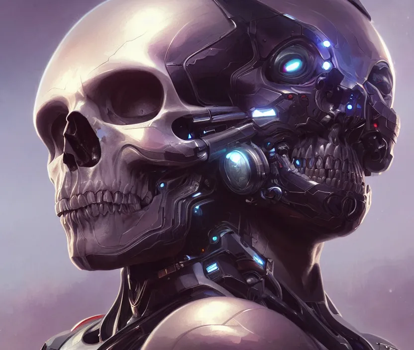 Image similar to Cyborg skull portrait, front view, sci-fi, highly detailed, digital painting, artstation, concept art, smooth, sharp focus, illustration, art by artgerm and greg rutkowski and alphonse mucha