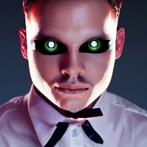 Image similar to a male magician with glowing eyes, frontal view, cool looking