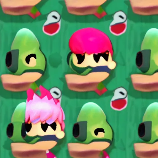 Image similar to animal crossing character with a round pink head, a green mohawk, green eyebrows and a long red pointy nose