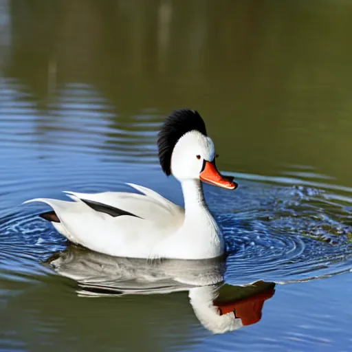 Image similar to a white crested duck in a pond at a part, realistic