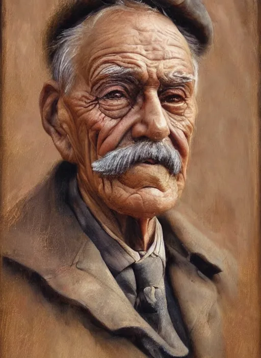 Prompt: Portrait Bust oil painting of and Old man by Jama Jurabaev, Robot eye, Monocle, no glasses, Bust Portrait, Steam Punk, Wearing a worn out brown suit, extremely detailed, brush hard, brush strokes, Dorothea Lange, Migrant Mother, artstation