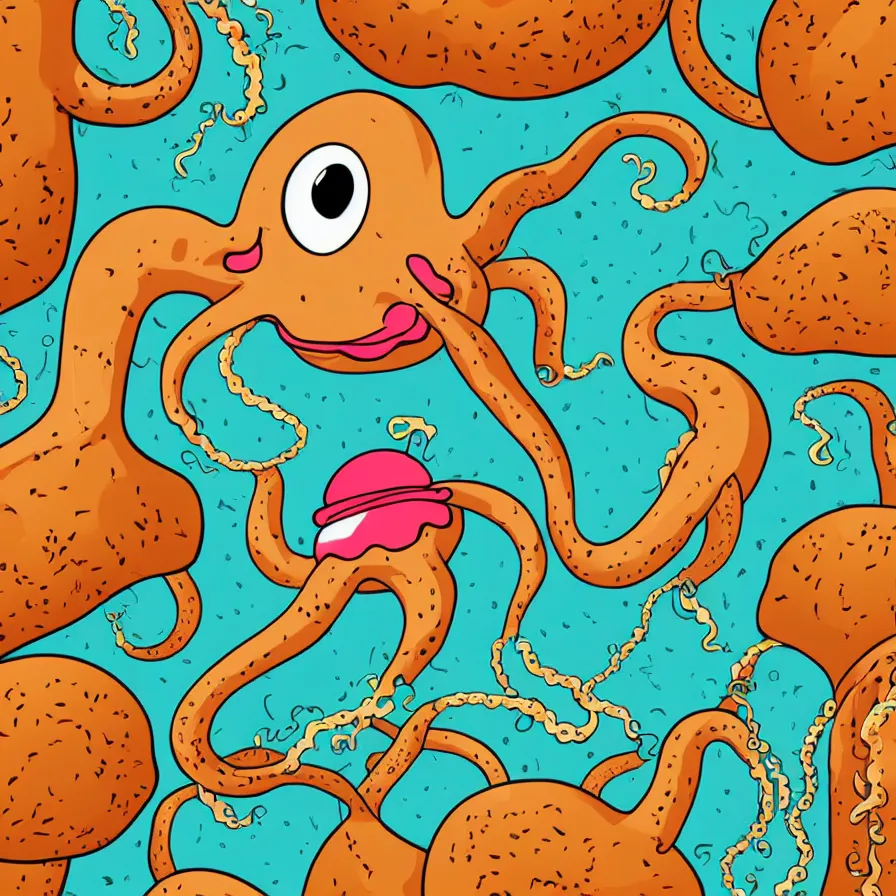 Image similar to high quality illustration of a giant octopus holding hamburger, tentacles wrapped around burger, vector art, poster, symmetry