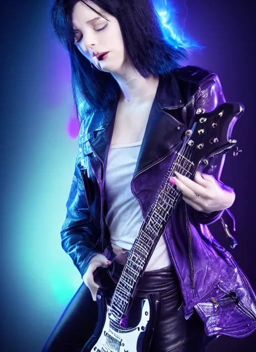 Image similar to woman with black hair and a open leather jacket playing electric guitar, intricate, highly detailed, purple and blue lighting, face enhance, trending on artstation, octane render