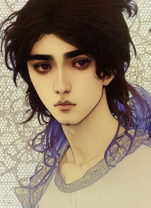 Image similar to beautiful medium shot portrait of a young arabic man inspired by ayami kojima with short hair dressed with a white t - shirt looking into the camera from three - quarters, white background white bank studio light, art by yoshitaka amano, alfons mucha and shingo tamagawa, 8 k