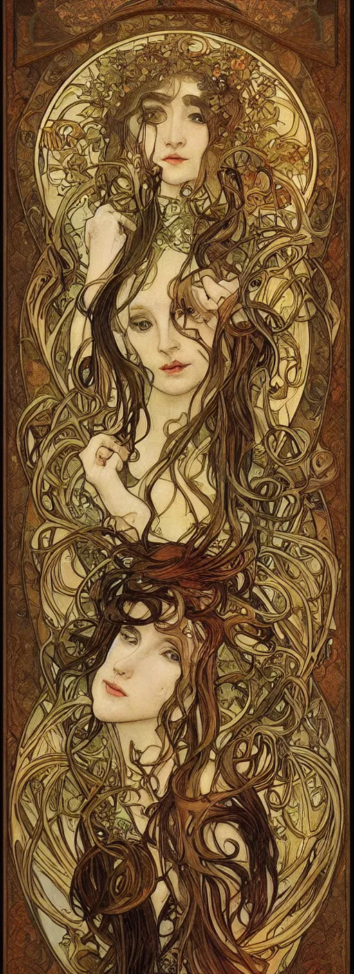 Prompt: an art nouveau wood screen picture frame by brian froud and alphonse mucha distressed wood patine painting concept cinematic lighting Gaudi