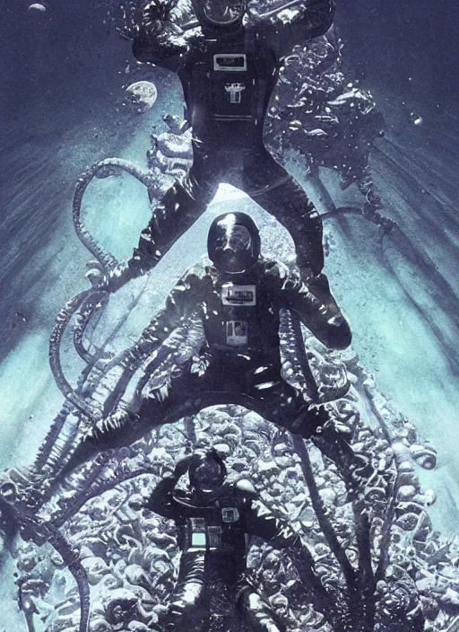 Image similar to astronauts divers in dark void underwater - complex and hyperdetailed technical suit design. reflection and dispersion materials. rays and dispersion of light. volumetric light. f / 3 2. noise film photo. flash photography. ultra realistic, 5 0 mm. poster by wayne barlowe, hajime sorayama aaron horkey, craig mullins