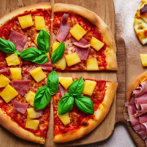 Prompt: pizza with ham pineapple and chesse profesional commercial photo shot 4 k