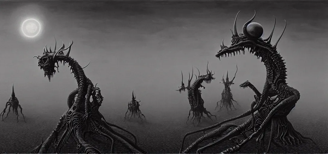 Prompt: hellish alien creatures on an alien world, artstyle Zdzisław Beksiński, very intricate details, high resolution, 4k