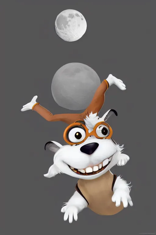 Prompt: cute jack black and white russel terrier jumping over a smiling moon, large round eyes, concept art, game art, character sheet, character design, by cory loftis and bill schwab