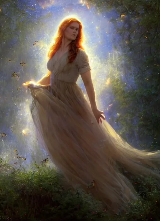 Image similar to Amy Adams staring into the camera, misty wisps, fireflies, Lilia Alvarado, Sophie Anderson, Mark Arian, Bob Byerley, Charlie Bowater, Mark Brooks, Steve Henderson, Justin Gerard, Arthur Hughes, Edward Robert Hughes, Mark Keathley, Victor Nizovtsev, Carlos Shwabe, Ross Tran, WLOP