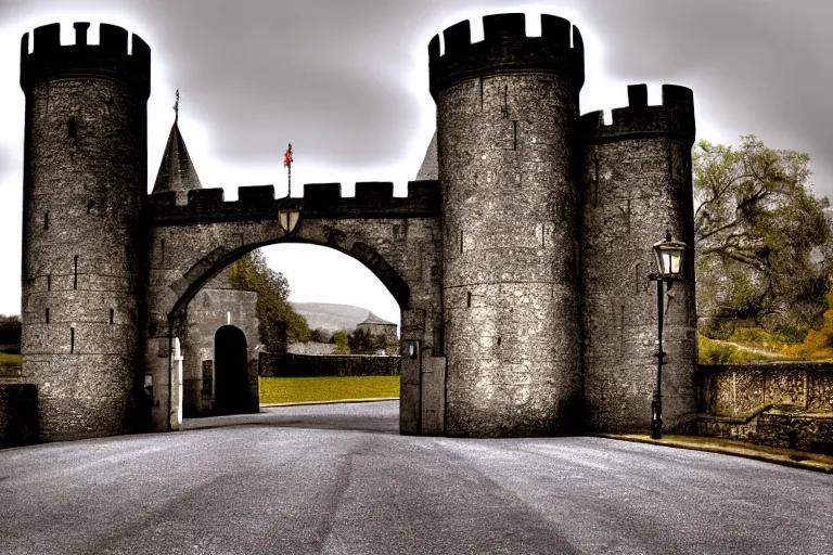 Prompt: 1950s castle gate with drawbridge muted colors. by Keith Parkinson