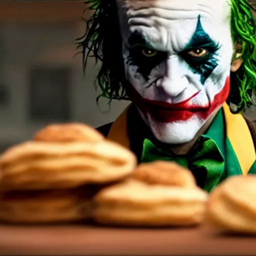 Prompt: cinematic shot of the joker biting into a flour biscuit, 8 k, very detailed, very intricate,