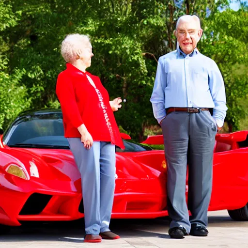 Prompt: 0 8 s photo of elder couple, pose like the new sweet lover in the paddle field with red super car, photo realistic, high - detail,