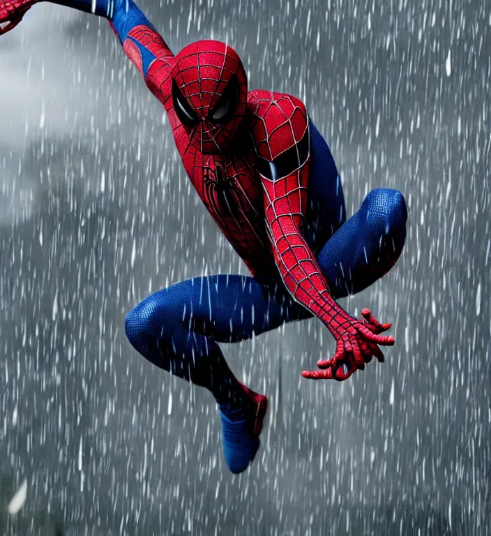 Image similar to tobey maguire as spiderman, dramatic rain, 8 k