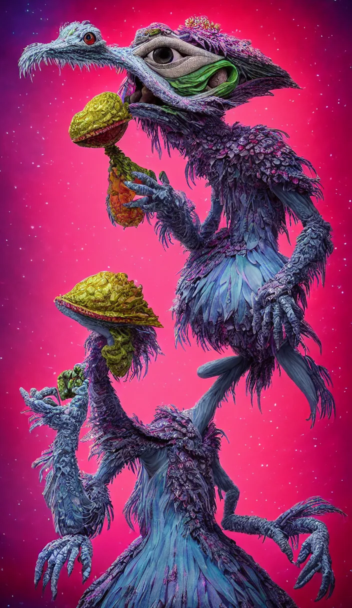 Image similar to hyper detailed 3d render like a Oil painting - kawaii portrait of solitary Aurora (a beautiful skeksis muppet fae queen from dark crystal that looks like Anya Taylor-Joy) seen red carpet photoshoot in UVIVF posing in scaly dress to Eat of the Strangling network of yellowcake aerochrome and milky Fruit and His delicate Hands hold of gossamer polyp blossoms bring iridescent fungal flowers whose spores black the foolish stars by Jacek Yerka, Ilya Kuvshinov, Mariusz Lewandowski, Houdini algorithmic generative render, Abstract brush strokes, Masterpiece, Edward Hopper and James Gilleard, Zdzislaw Beksinski, Mark Ryden, Wolfgang Lettl, hints of Yayoi Kasuma and Dr. Seuss, octane render, 8k