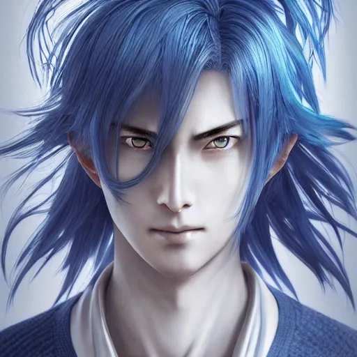 Image similar to an immortal xianxia cultivator with long blue hair as an absurdly handsome, elegant, young anime man, ultrafine hyperrealistic detailed face illustration by kim jung gi, irakli nadar, intricate linework, sharp focus, bright colors, matte, gujian, final fantasy, unreal engine highly rendered, global illumination, radiant light, intricate environment