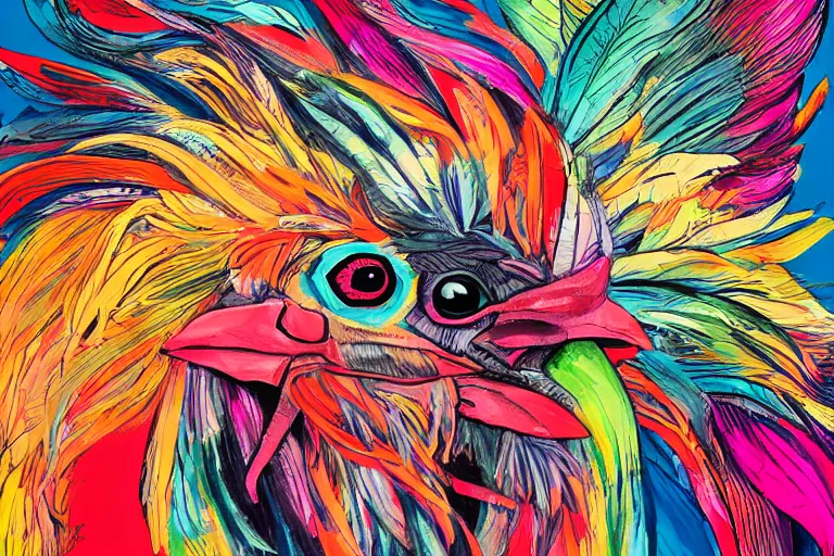 Image similar to illustration of an ominous rooster with feathers of many colors, by feifei ruan and javier medellin puyou and tim lord, lively colors, portrait, sharp focus, colored feathers, jungle