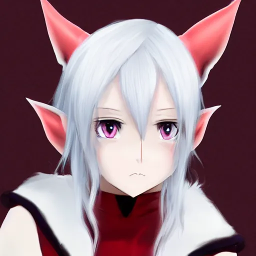 Image similar to white hair, red eyes, two small horn on the head, anime style, anime girl, elf ears