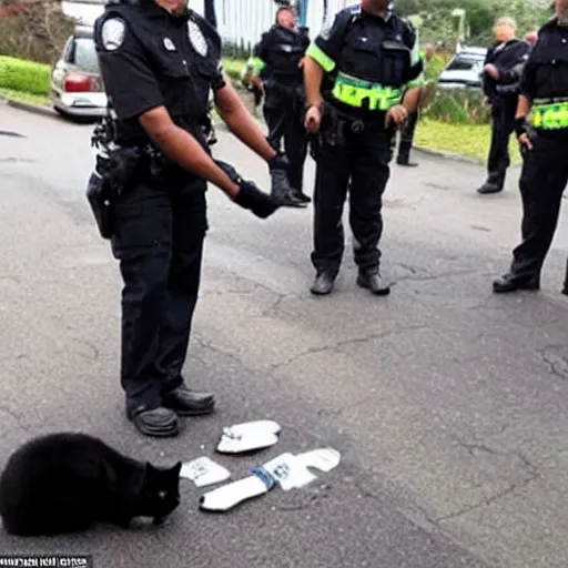 Image similar to A black cat being arrested by the police, with handcuffs being put on his paws