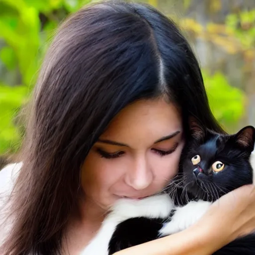 Prompt: a woman with long dark hair, big shiny dark eyes holding a cat in her arms, a stock photo by juan villafuerte and minerva j. chapman, pexels contest winner, high quality photo, rtx, hd, tumblr contest winner, anime, pretty, shiny eyes, sensual