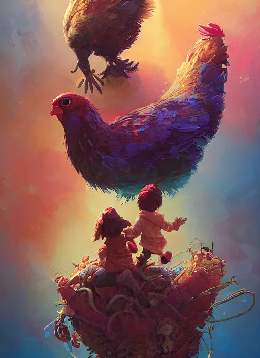 Image similar to a hen and her two children in a colorful movie by nuri iyem, james gurney, james jean, greg rutkowski, anato finnstark. pixar. hyper detailed, 5 0 mm, award winning photography, perfect faces