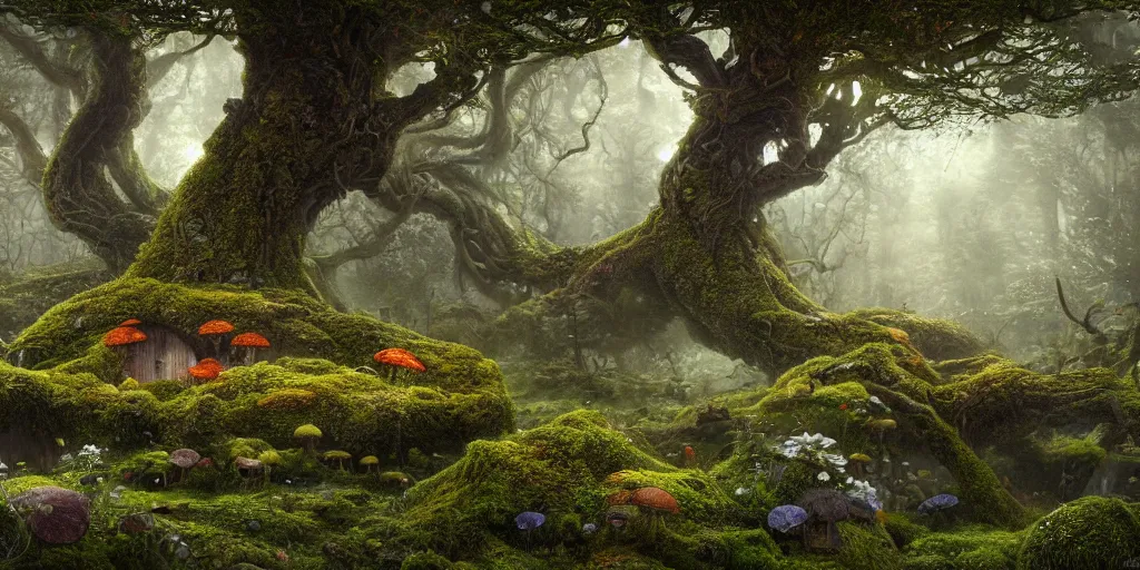 Image similar to a photorealistic cg render of huge old twisted tree with tiny mossy hobbit houses built into it, covered in moss, flowers and mushrooms, hints of peter mohrbacher, georges remi, albert uderzo, super - realistic, insanely intricate and detailed, sunset, volumetric lighting, god rays, 4 k, high definition