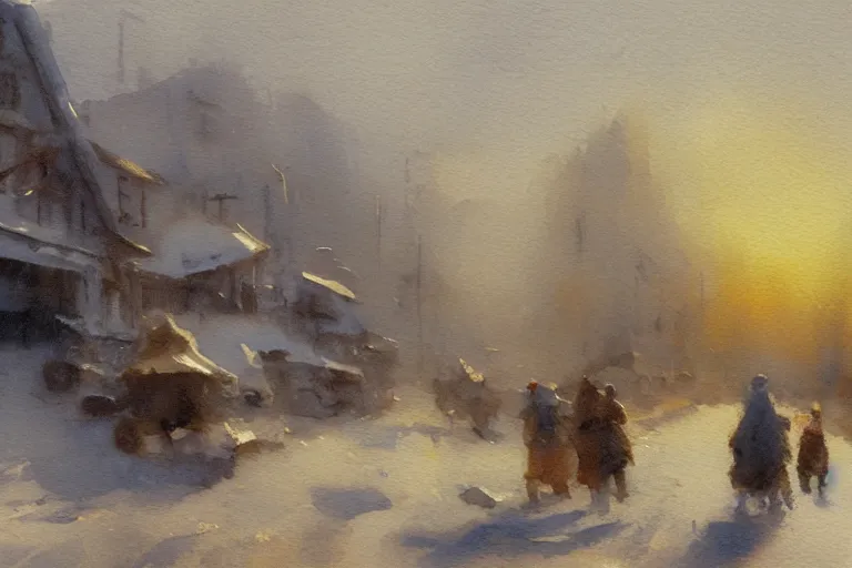 Prompt: small miniature art on watercolor paper, paint brush strokes, abstract watercolor painting of snow western town, american frontier, midday sharp light, dust, cinematic light, american romanticism by hans dahl, by jesper ejsing, by anders zorn, by greg rutkowski, by greg manchess, by tyler edlin