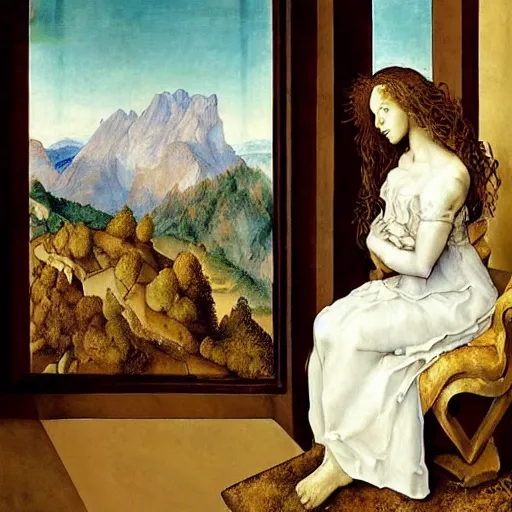 Prompt: A beautiful sculpture of a woman with long curly hair, wearing a white dress and sitting in a chair in front of a window with a view of a mountainside. neo-expressionism by Albrecht Dürer artificial