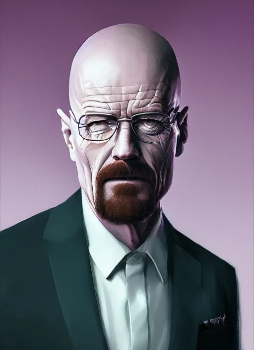 Prompt: walter white wearing a dark purple suit, elegant, dynamic, digital painting, concept art, smooth, sharp focus, illustration, by ruan jia and mandy jurgens and artgerm and william - adolphe bouguerea