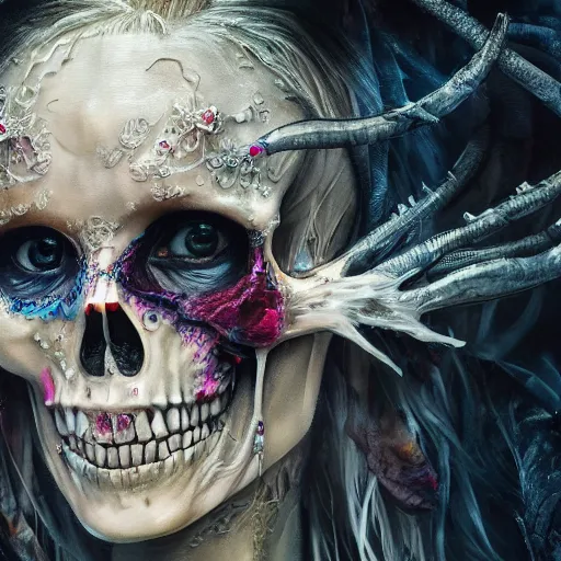 Image similar to full body pose, hyperrealistic mixed media painting of beautiful skull woman, dim volumetric lighting, 8 k, octane beautifully detailed render, extremely hyper detailed, intricate, epic composition, cinematic lighting, masterpiece, trending on artstation, very very detailed, masterpiece, stunning, hdr, smooth, sharp focus, high resolution, award, winning photo, dslr, 5 0 mm