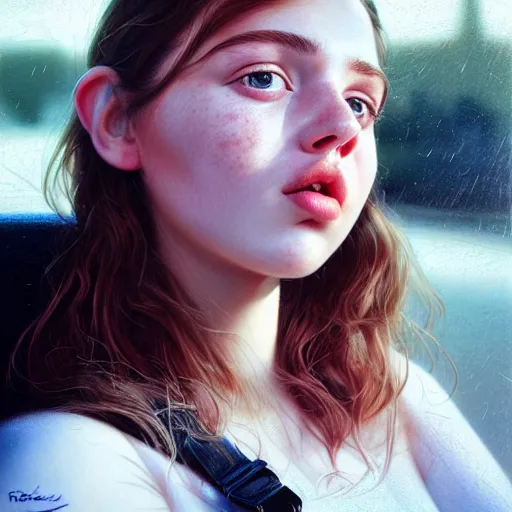 Image similar to beautiful hyperrealism hyperdetailed selfie of a cute young woman sitting in her car, flushed face, red blush, light freckles, puffy lips, soft features, 8 k, sharp focus, art by irakli nadar