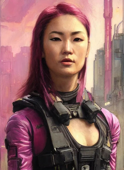 Image similar to Nikki tanaka. beautiful cyberpunk female USN marine wearing a military vest and a pink tactical catsuit (cyberpunk 2077, bladerunner 2049). gorgeous face. Iranian orientalist portrait by john william waterhouse and Edwin Longsden Long and Theodore Ralli and Nasreddine Dinet, oil on canvas. Cinematic, hyper realism, realistic proportions, dramatic lighting, high detail 4k