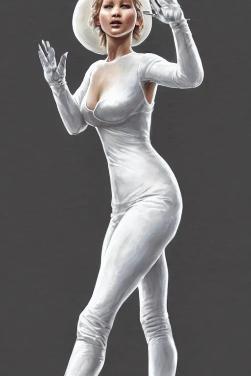 Prompt: Jennifer Lawrence as Queen wearing a White Outfit, anatomy, only two hands, highly detailed, digital painting, artstation, concept art, smooth, sharp focus, illustration, Unreal Engine 5, 8K, art by art by artgerm and greg rutkowski and edgar maxence