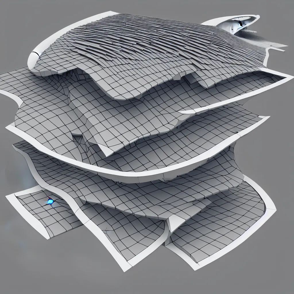 Prompt: sculptural curved roof planes lift and descend creating shade and architectural expression, dramatic form, 3 d top view axonometric, architectural isometric