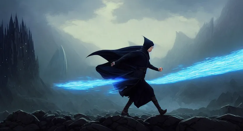 handsome mage running away from a giant airship, black