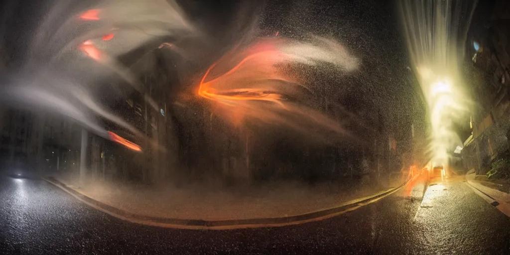 Prompt: fisheye slow motion with trail effect of futuristic break dancer with flowing long dark cloak and tongue of fires, long exposure shot , enigmatic, at night in the middle of a rainy street, paddle of water, steam, fog, water splashes, rim lights, glossy reflections, water droplets on lens, octane render, Volumetric Golden dappled dynamic lighting, dark and dramatic, detailed and soft,