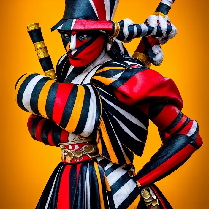 Image similar to full body photo of a real - life beautiful harlequin warrior, 8 k, hdr, smooth, sharp focus, high resolution, award - winning photo