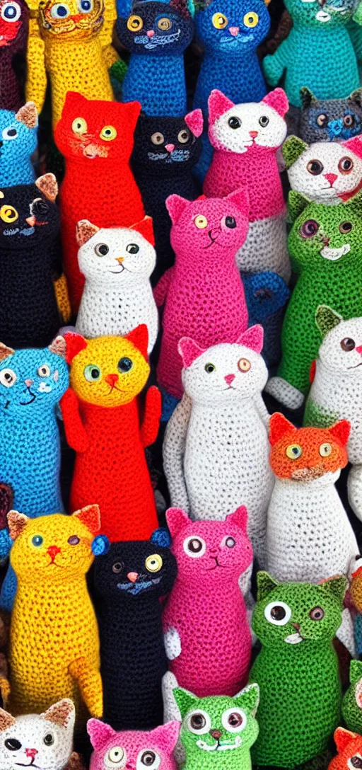 Image similar to multicolored crocheted cats, 2 0 3 0 s catalogue photo,